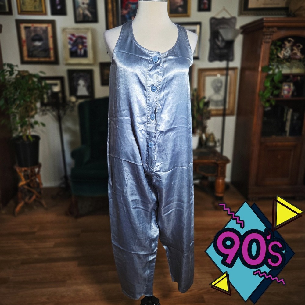 Vintage‎ 90s Satin Pajama Jumpsuit Sleepwear Loungewear Silver Blue Button Front